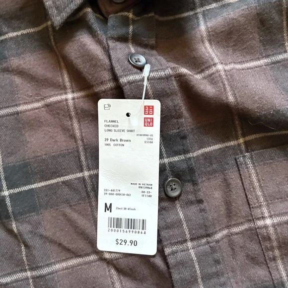 Uniqlo Button Up Flannel Shirt Med Mens Black Plaid 100% Cotton Long Sleeve - Picture 6 of 7